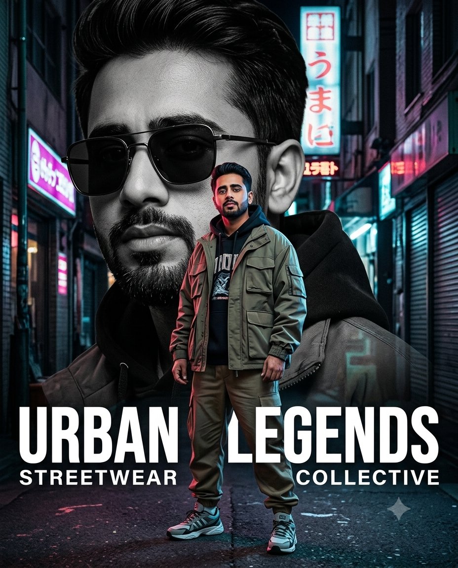 Ultra-realistic cinematic streetwear fashion poster, vertical 4:5 composition. …