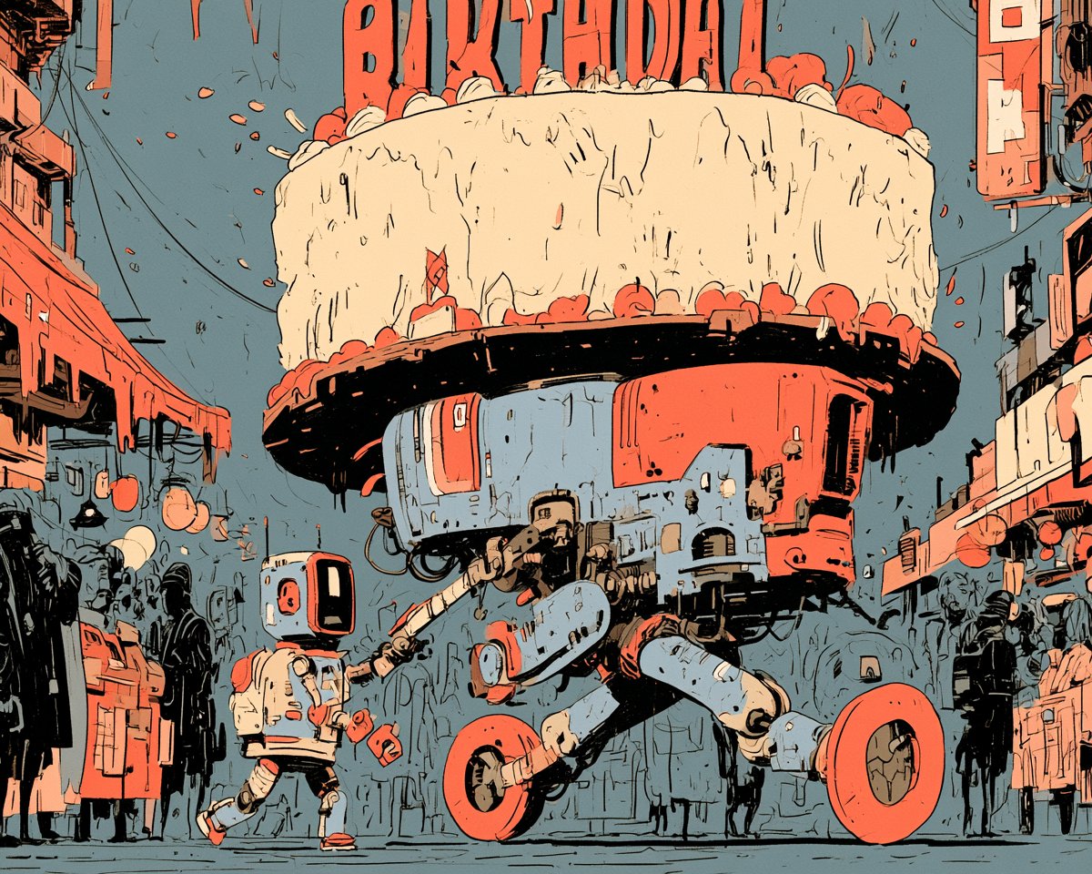 A small robot courier carrying an enormous birthday cake through a crowded futu…