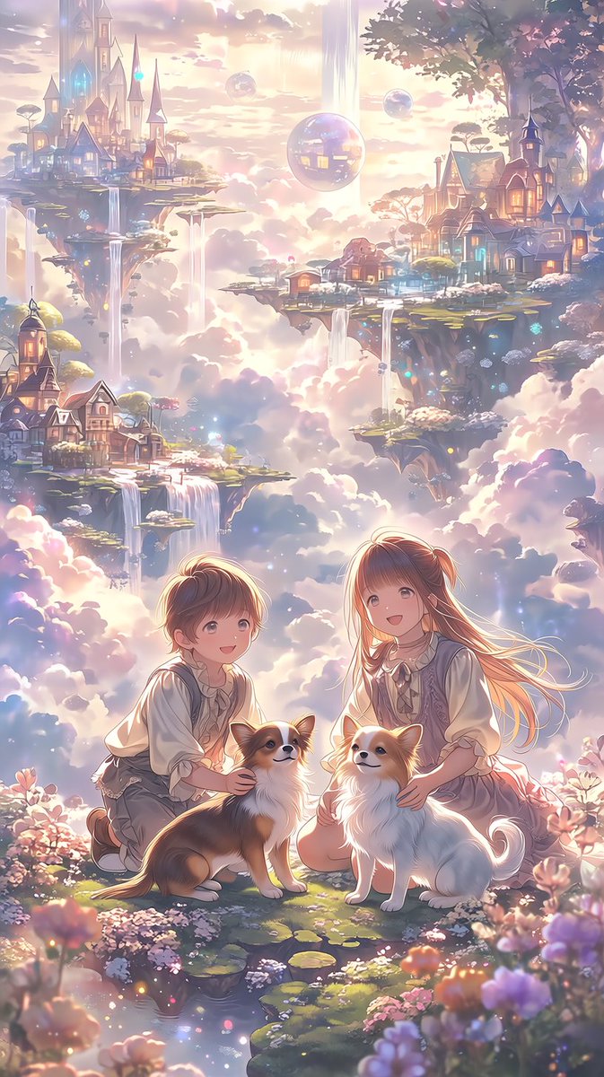 人物：两位年幼的兄妹，一个大约6岁、天真快乐的男孩和一个大约5岁、甜美微笑的女孩，穿着柔软的奶油色和米色童话风格衣服，跪在地上开心地与两只可爱…, 图片 1
