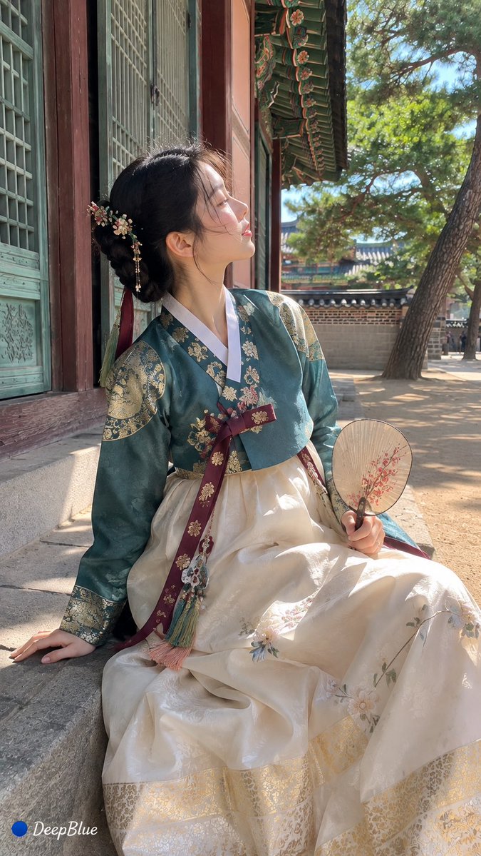 9:16竖幅，iPhone 17 Pro真实旅行随手抓拍，写实人像摄影；成年东亚女性，自然五官，真实皮肤与身材，黑色长发低发髻，传统韩式花饰发…, 图片 1
