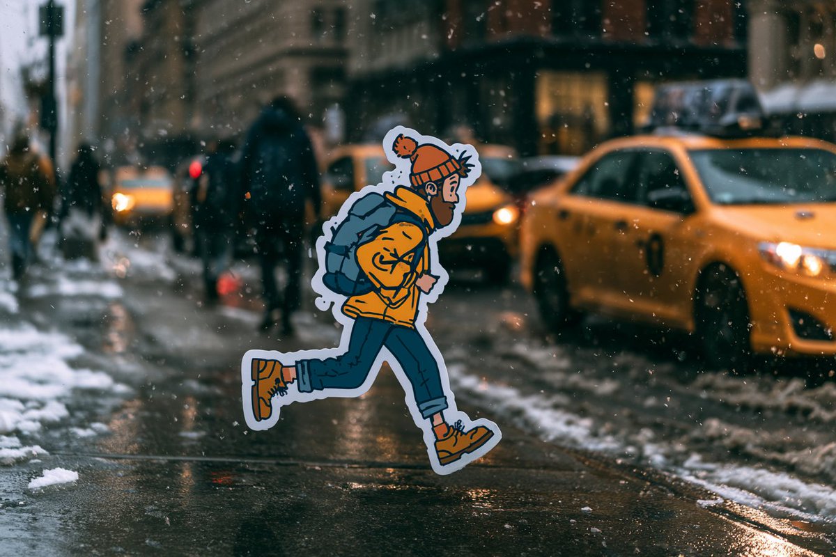 A 2D cartoon-style sticker [character] [action] through a realistically photogr…