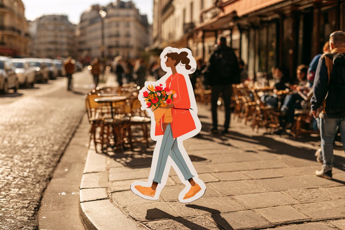 2D 卡通风格贴纸 [character] [action] 穿过真实摄影的 [location]，粗体干净的描边，平坦鲜艳的色彩，简化的卡通…, 图片 3