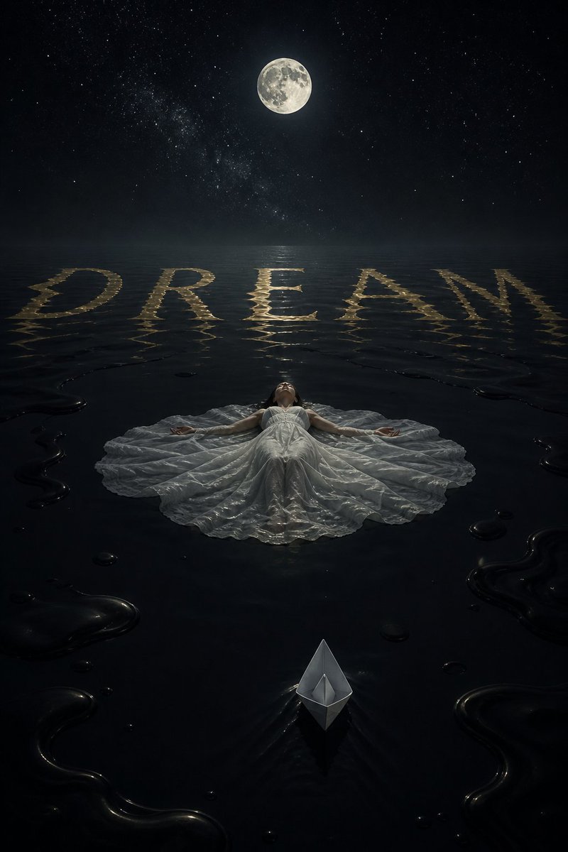 一个超现实的夜景。一片浩瀚的黑色墨水之海，平静无波，画面中央有一位仰面漂浮的女子——她的白色裙摆如睡莲般舒展——墨水表面以金色拼写出唯一一个单…, 图片 1