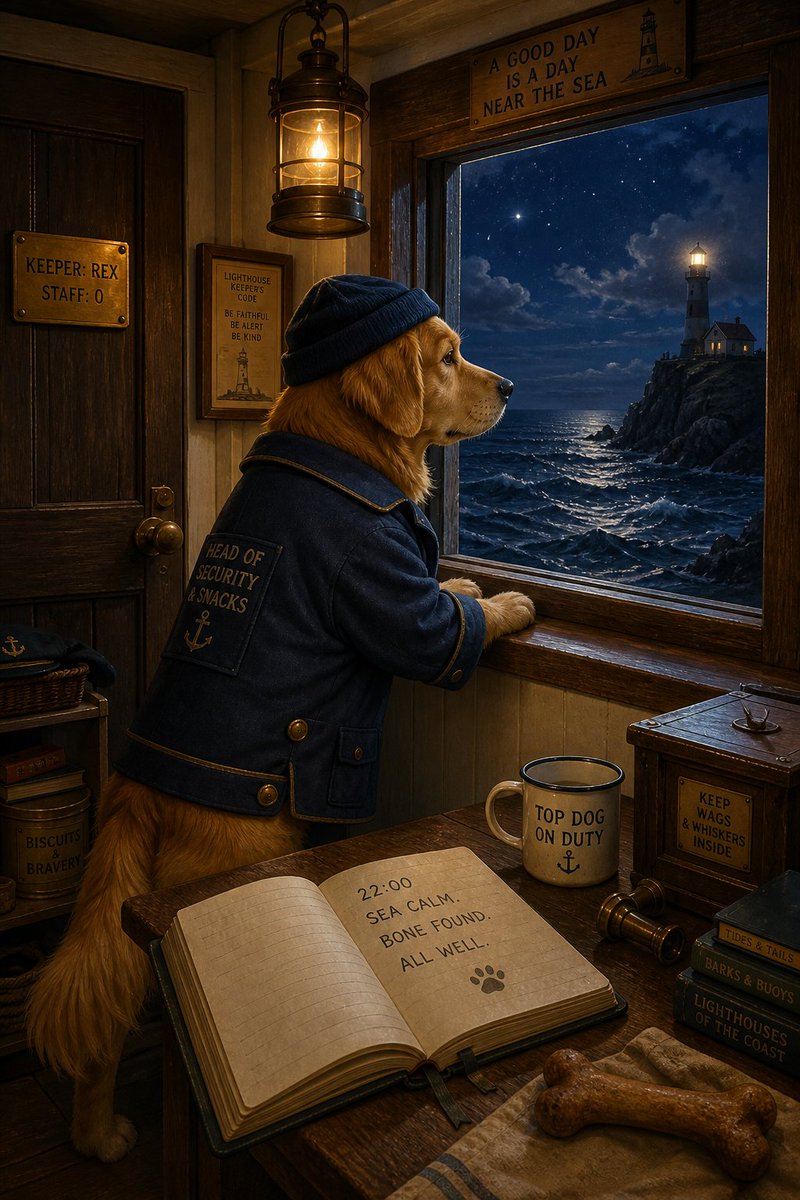 一幅精细的插画。一只金毛猎犬穿着小小的守塔人外套，站在灯塔的窗前，望向大海——桌上的航海日志写着"22:00:海面平静。发现骨头。一切安好。"…, 图片 1