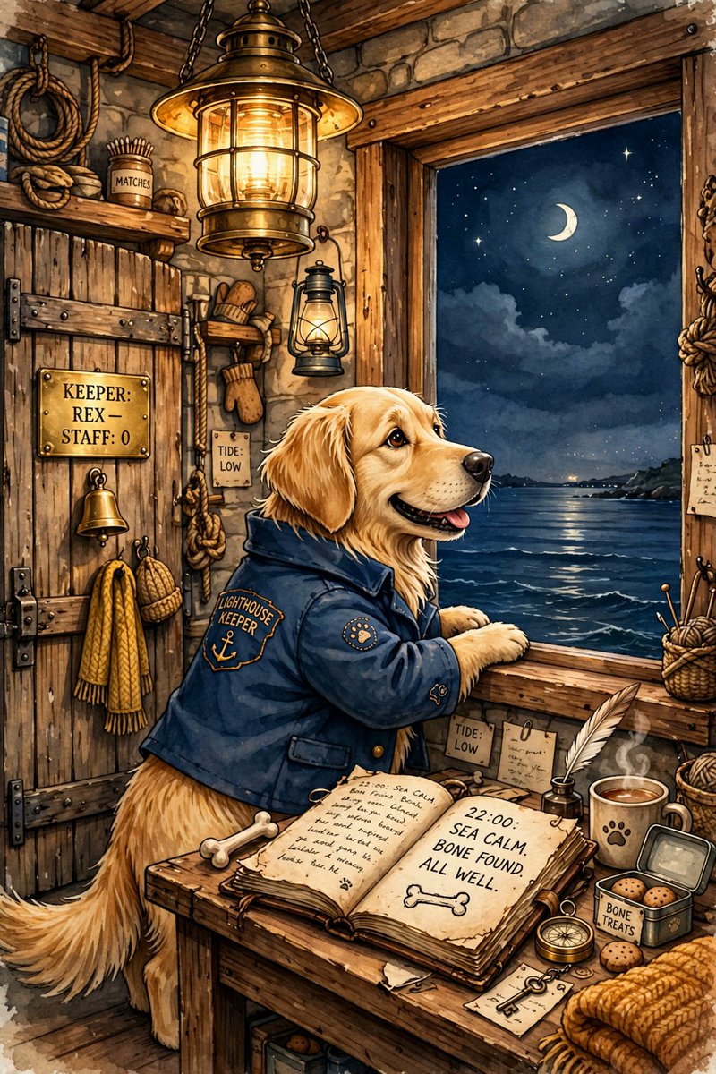 一幅精细的插画。一只金毛猎犬穿着小小的守塔人外套，站在灯塔的窗前，望向大海——桌上的航海日志写着"22:00:海面平静。发现骨头。一切安好。"…, 图片 2