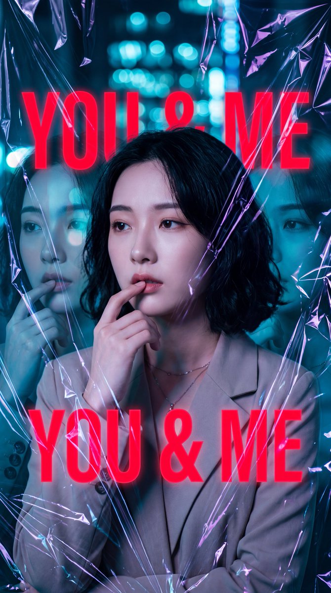 一张高度风格化的电影感时尚人像照:一位年轻的东亚女性,留着短而微卷的黑发,妆容自然柔和,神情若有所思,右手食指轻触嘴唇。她身穿一件浅米色立体剪…, 图片 1