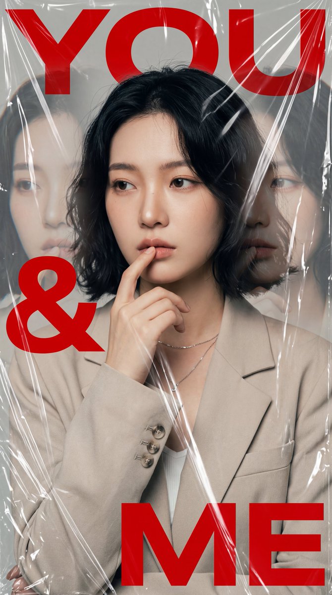 一张高度风格化的电影感时尚人像照:一位年轻的东亚女性,留着短而微卷的黑发,妆容自然柔和,神情若有所思,右手食指轻触嘴唇。她身穿一件浅米色立体剪…, 图片 2