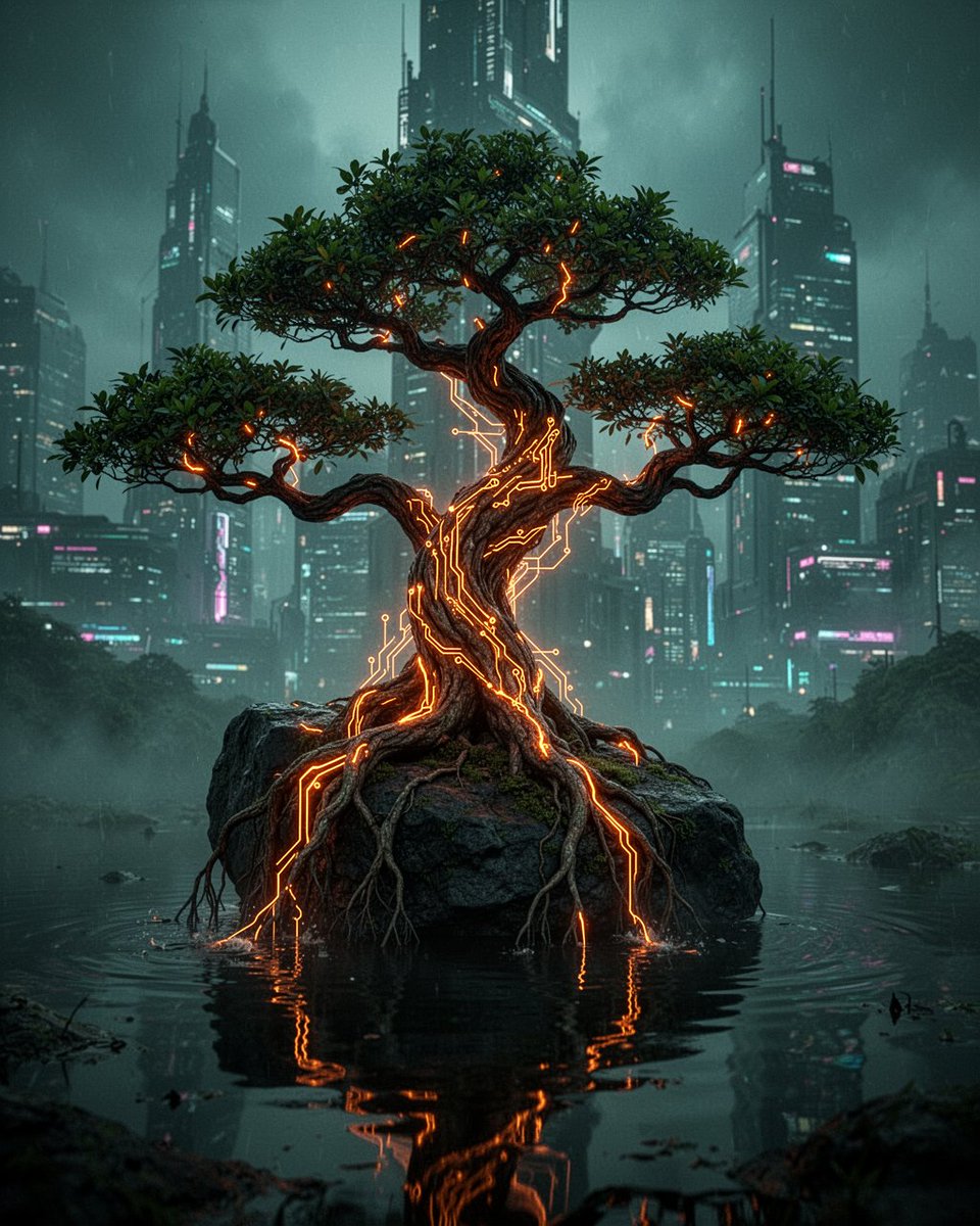 一棵盆景树,其树干、扭曲的枝条和根系中流淌着发光的霓虹橙色电路状脉络,栖息在一块深色岩石上,根系垂落入一汪静止的倒影水池,朦胧的赛博朋克城市天…, 图片 1