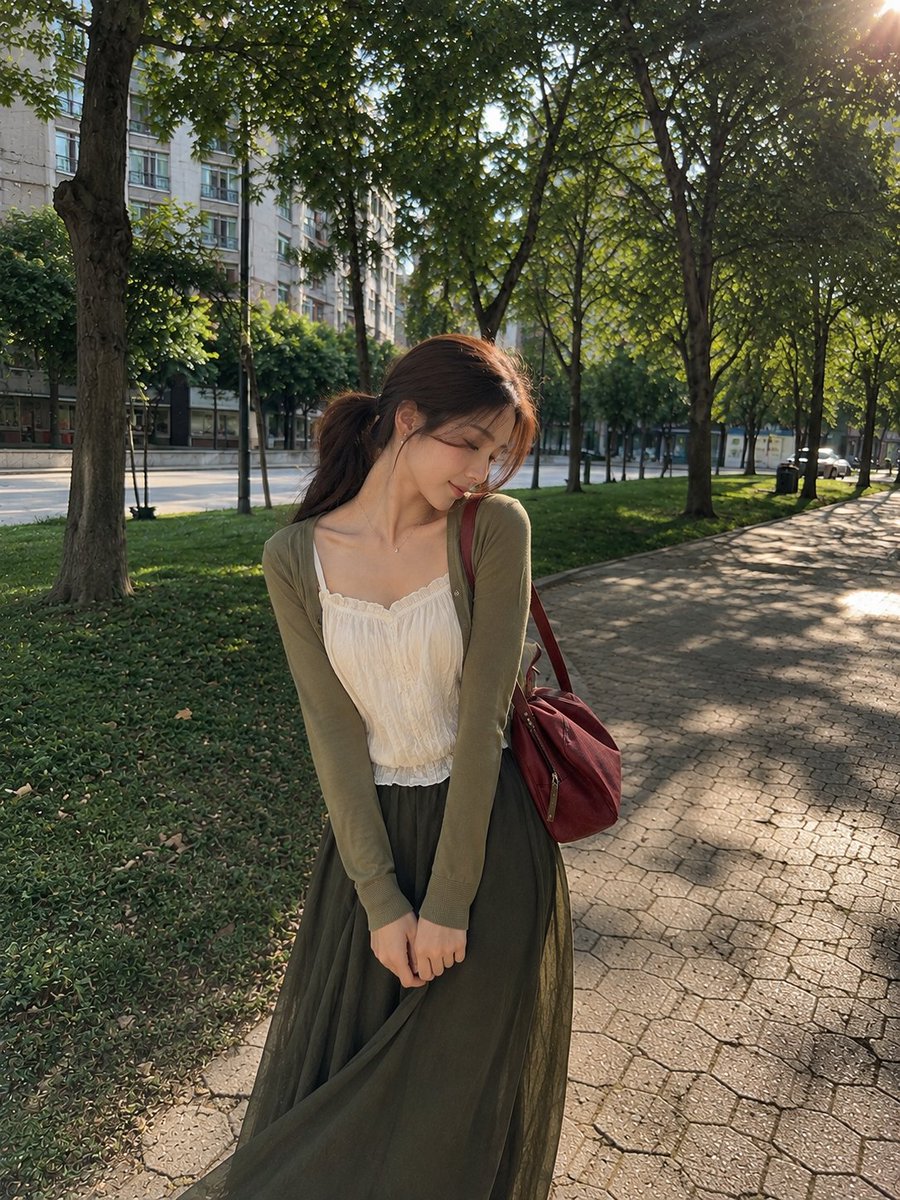 一张照片般逼真的抓拍户外肖像,画面中一位年轻女子在晴朗的午后站立于宁静的城市公园。她留着一头深棕色长发,梳成松散的低马尾,几缕纤细的碎发轻柔地…, 图片 2
