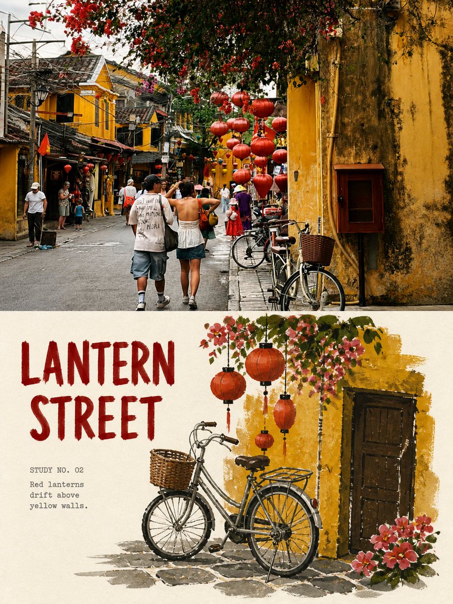 请将我上传的每一张旅行照片分别制作成一张独立的「浓彩水粉旅行静物」对比海报。每张照片单独输出，不得把多张照片拼接在同一作品中。, 图片 2