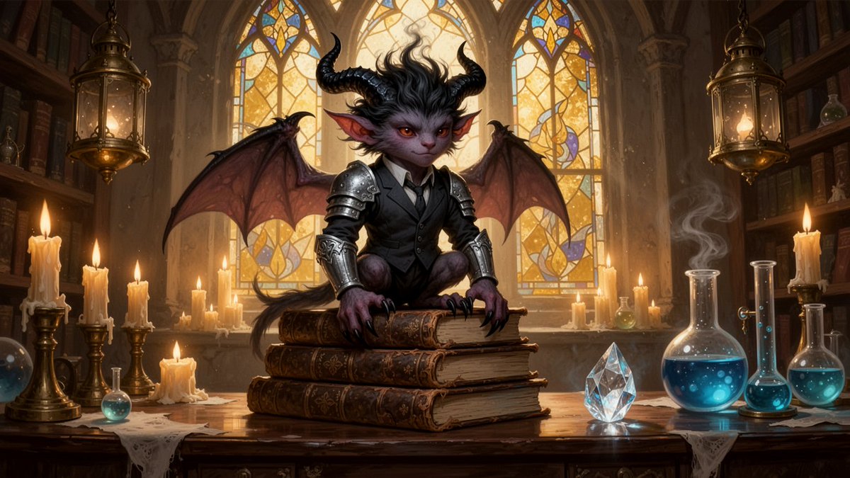 A small imp-demon familiar with wild smoke-black hair, curved obsidian horns, a…