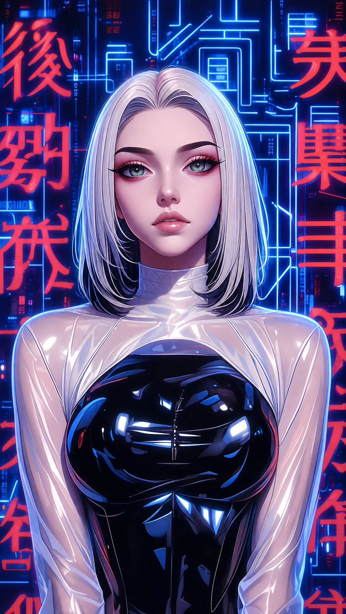 风格化肖像：一位年轻女性，留着银色短发，眼睛呈翡翠绿色，身穿带有金属饰边的时髦未来主义白色服装。背景为未来都市霓虹景致，带有旋转的全息图案。动…, 图片 1