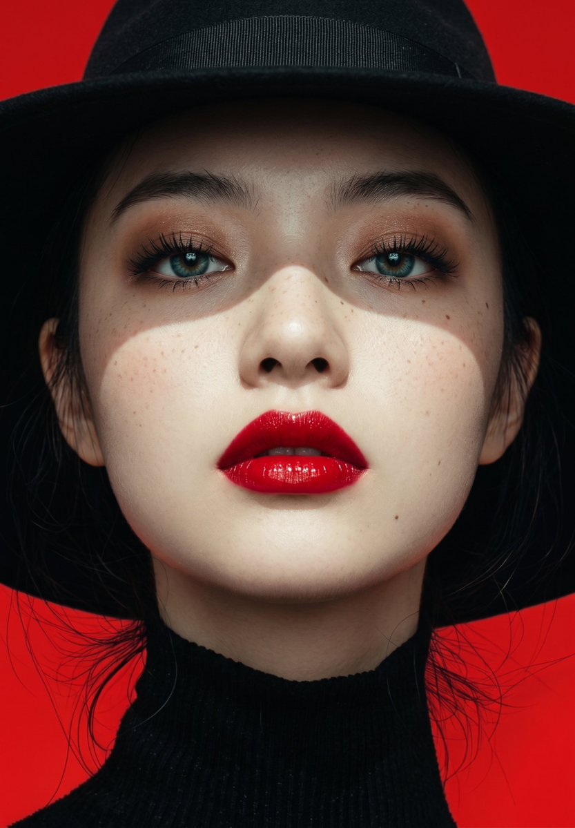 戏剧性的前卫时尚人像摄影，苍白女性，采用高对比度的明暗对照法打光，头戴宽檐黑色软呢帽，身着修身黑色高领衫。一道锐利的弧形水平阴影横跨她的双眼与…, 图片 1