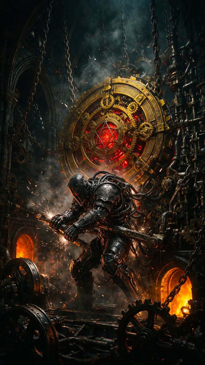 ((Masterpiece, highly detailed industrial gothic fantasy, 8K)), a gigantic armo…