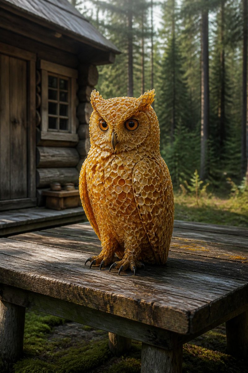 一张照片级写实风格的静物画。一只猫头鹰栖息在户外自然环境中一张风化的木桌上,旁边是一座小型木屋,它的身体由精雕细琢的六边形蜂巢结构组成——金色…, 图片 1