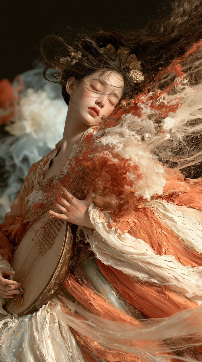 中式怪诞／异域东方美学。神圣的年轻女神怀抱琵琶——空灵、神秘、宏伟。厚重的厚涂绘画、可见的笔触、刮刀技法、丰富层叠的色彩、可触知的物质感。极致…, 图片 2