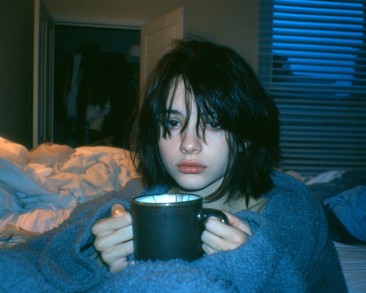 Early-2000s webcam portrait of a beautiful young adult woman sitting beneath a …