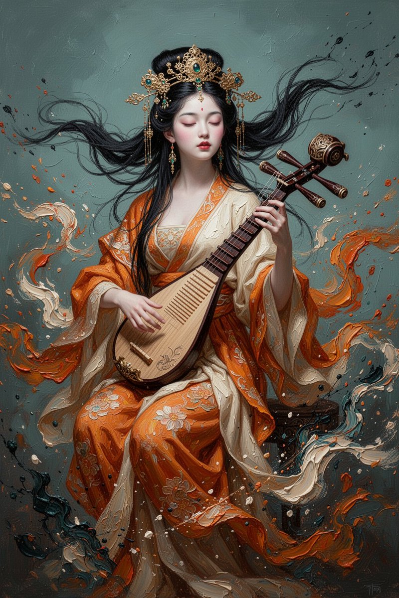 东方怪诞美学的神圣年轻女神弹奏琵琶，空灵而庄严，双目微闭沉入遐想，黑发随风飘扬，华丽的金色发饰，橙白相间的丝绸长袍消融为旋转飞溅的颜料，厚重的…, 图片 1