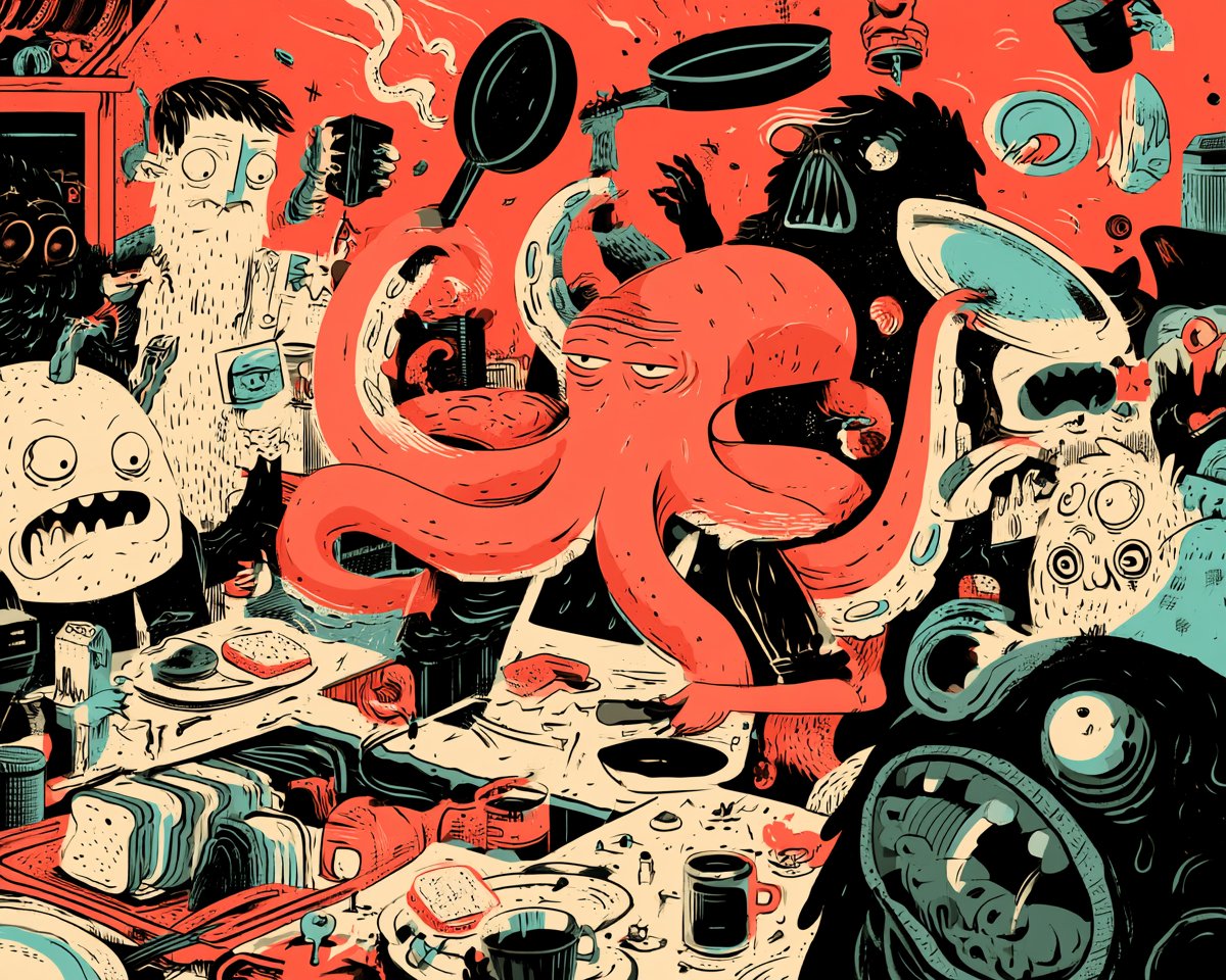 An exhausted octopus chef preparing breakfast for a room full of impatient mons…