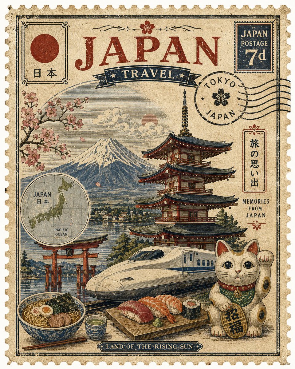 创作一幅精致的复古旅行邮票艺术作品，代表[COUNTRY]。以该国最具标志性的地标作为主要视觉焦点，周围环绕3–5个精心挑选、能立即代表该国的…, 图片 1