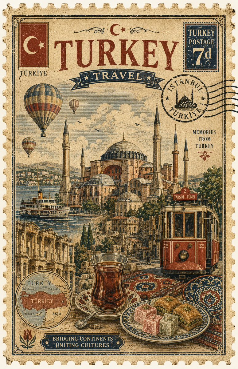创作一幅精致的复古旅行邮票艺术作品，代表[COUNTRY]。以该国最具标志性的地标作为主要视觉焦点，周围环绕3–5个精心挑选、能立即代表该国的…, 图片 3