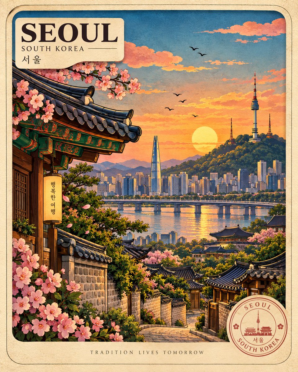 创作一幅高端竖版 4:5 旅行海报插画，主题为 [LOCATION]，遵循统一的手工制作视觉风格：粗犷而清晰的黑色描边、饱和且协调的色彩、温暖…, 图片 2