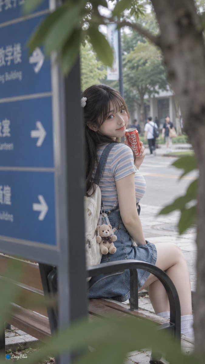 日常快照风格,非精心构图或打光,校道长椅旁,条纹T恤配背带裙,小熊挂饰在背包上,易拉罐可口可乐在手;从道路指示牌后侧拍,牌边与树叶形成双层前景…, 图片 1