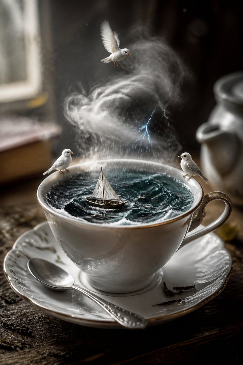"一幅写实风格的桌面静物,颜值超高,魔幻现实主义。一只白色瓷杯装着深色茶水,变成了一片微型海洋:深色的液体翻涌成小小的风暴浪涛,一艘微型的纸帆…, 图片 1