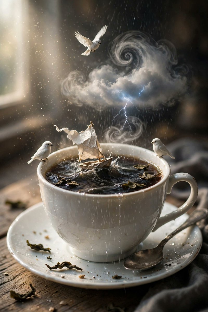 "一幅写实风格的桌面静物,颜值超高,魔幻现实主义。一只白色瓷杯装着深色茶水,变成了一片微型海洋:深色的液体翻涌成小小的风暴浪涛,一艘微型的纸帆…, 图片 2