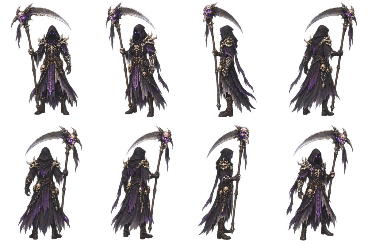 "generate a 2d necromancer with a scythe as an animation ready game asset on a …