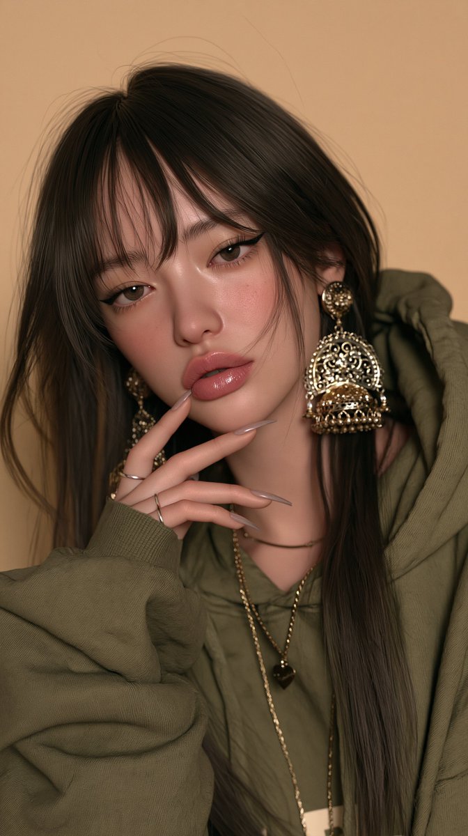 一张20岁出头东亚女性的超写实特写肖像：长直深棕色头发，带柔和层次和轻盈刘海垂于额前；白皙肤色，妆容自然，眉形清晰拱起，眼线为细长的微翘猫眼妆…, 图片 3