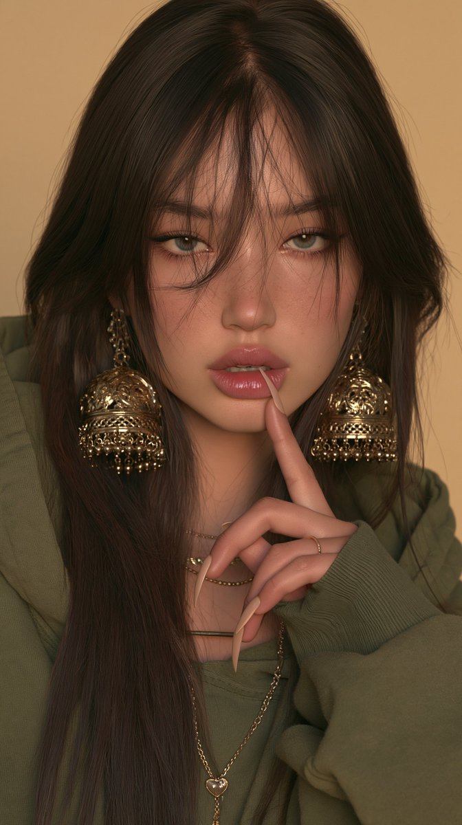 一张20岁出头东亚女性的超写实特写肖像：长直深棕色头发，带柔和层次和轻盈刘海垂于额前；白皙肤色，妆容自然，眉形清晰拱起，眼线为细长的微翘猫眼妆…, 图片 4
