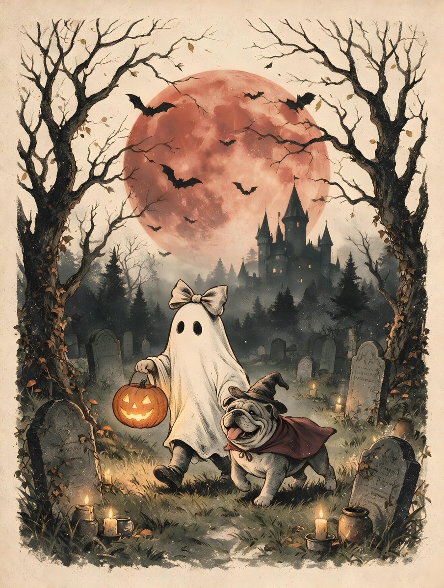 A nostalgic vintage Halloween illustration depicting a mischievous child dresse…