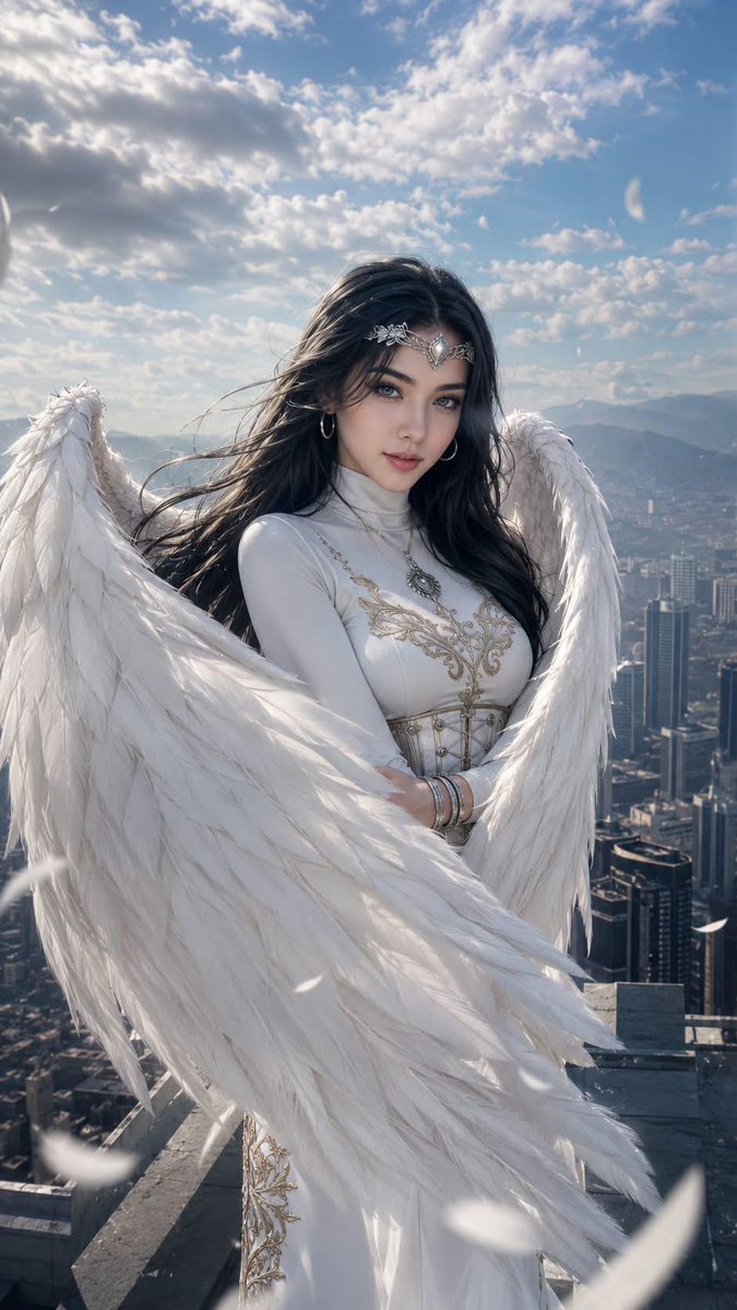 一幅写实的数字肖像画,描绘一位美丽的东亚女性扮演现代天使的形象,她站在高楼屋顶上,俯瞰着明亮白昼天空下密集蔓延的城市。她拥有飘逸的深色长发,头…, 图片 1