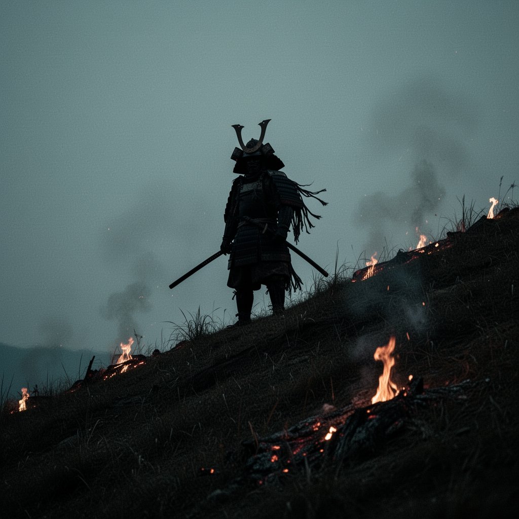 极简电影感宽景镜头：近全黑的暮色中，一名孤独的武士剪影矗立在陡峭长满青草的山脊顶端。武士呈现为纯黑色剪影，背景是阴郁的青灰天空，头戴华丽的带角…, 图片 1