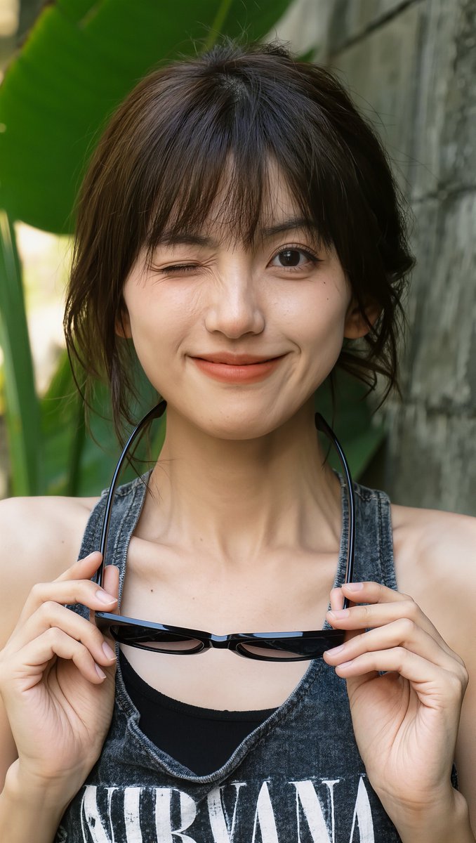 一位东亚年轻女性的近距离肖像,肤色白皙,笑容明亮俏皮,目光微微望向左侧。她留着齐肩的深棕色头发,带有轻盈的刘海,层次分明的发丝修饰着脸庞。她双…, 图片 4