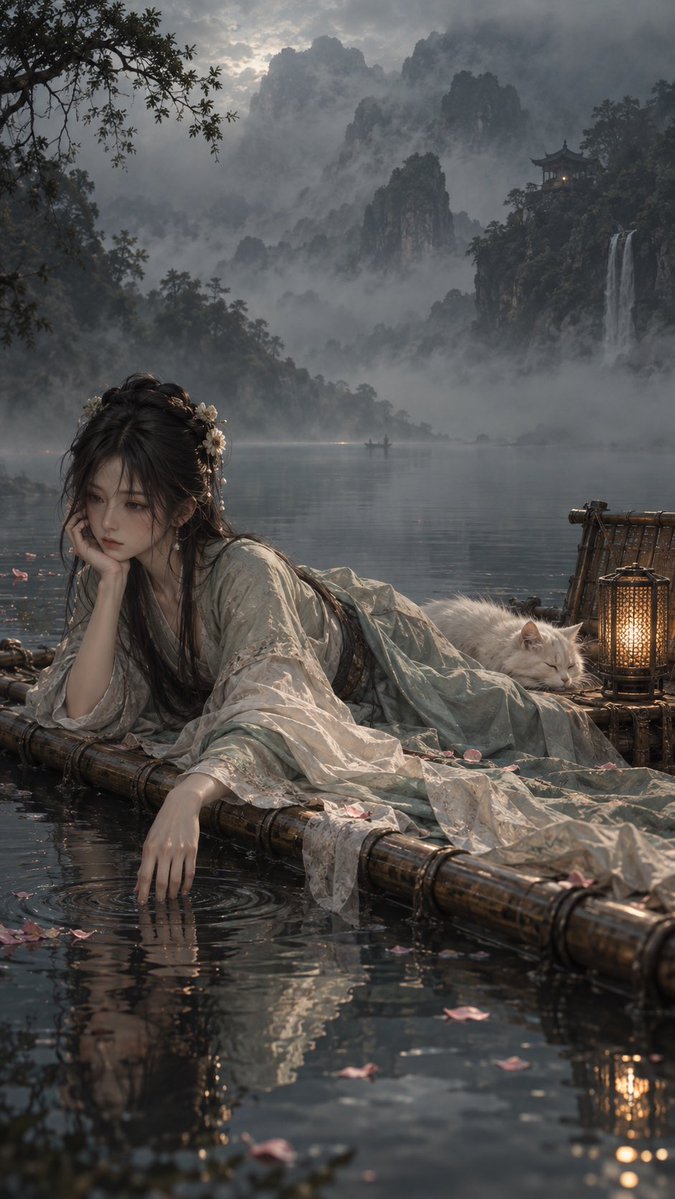 9:16 竖幅。宋代山水美学 × 伦勃朗明暗法 × 欧洲艺术电影。孤独的东亚女子坐在风化的竹筏上，漂流于辽阔的雾霭山湖之上。层叠襦裙采用褪色青…, 图片 2