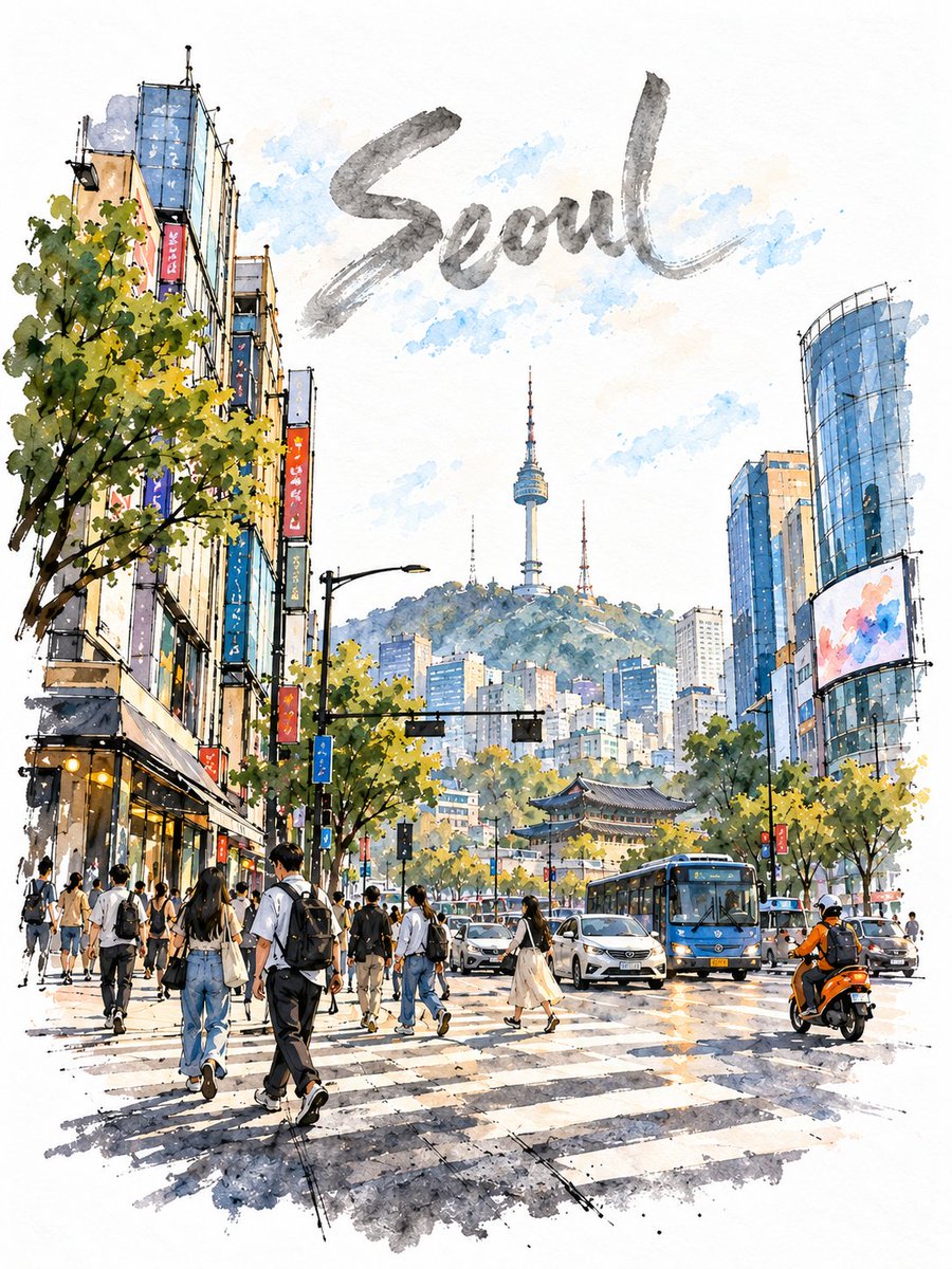 用水彩绘制一幅松散的城市速写,画的是{CITY}繁忙的十字路口,纵向 3:4,画在纯亮白色冷压水彩纸上,纸纹清晰可见。不要奶油色、米色、深褐色…, 图片 2