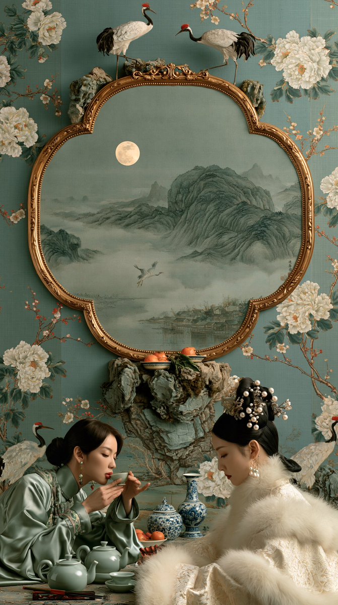 她们身后,一面古老的中华梦境壁纸缓缓展开——青蓝色的绢纸之上,白牡丹与梅枝向上穿插,织就层层叶冠;丹顶鹤涉水而过,在画中烟岚间盘旋回翔。壁面中…, 图片 1
