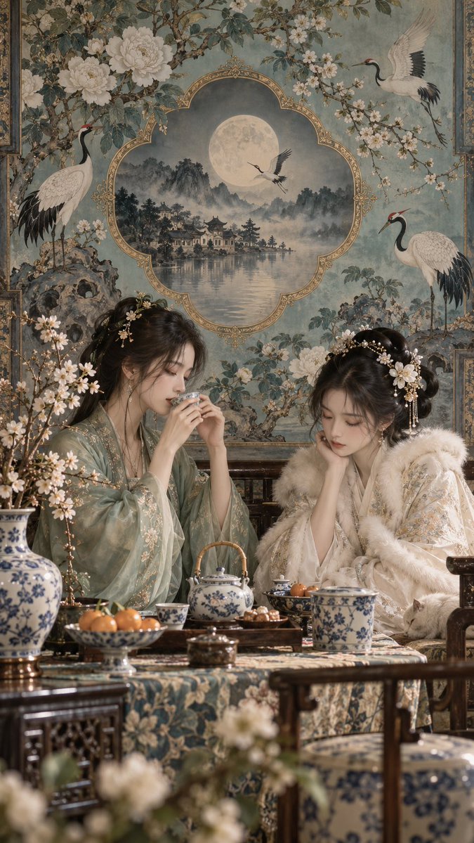 她们身后,一面古老的中华梦境壁纸缓缓展开——青蓝色的绢纸之上,白牡丹与梅枝向上穿插,织就层层叶冠;丹顶鹤涉水而过,在画中烟岚间盘旋回翔。壁面中…, 图片 2