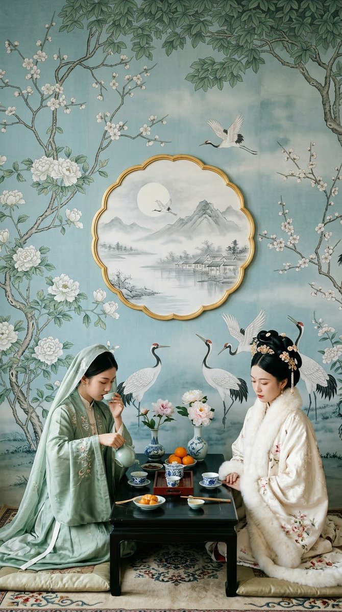 她们身后,一面古老的中华梦境壁纸缓缓展开——青蓝色的绢纸之上,白牡丹与梅枝向上穿插,织就层层叶冠;丹顶鹤涉水而过,在画中烟岚间盘旋回翔。壁面中…, 图片 3