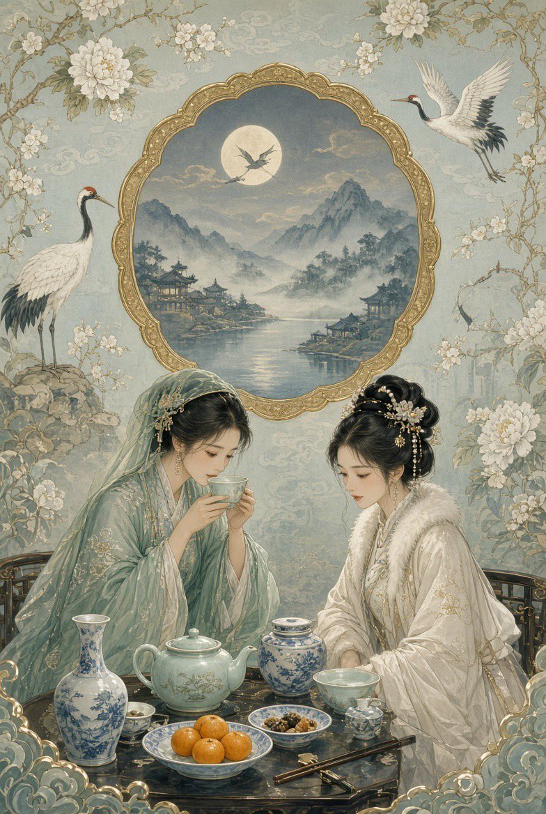 她们身后,一面古老的中华梦境壁纸缓缓展开——青蓝色的绢纸之上,白牡丹与梅枝向上穿插,织就层层叶冠;丹顶鹤涉水而过,在画中烟岚间盘旋回翔。壁面中…, 图片 4