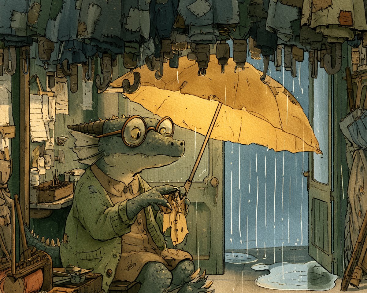 A tiny elderly dragon repairing umbrellas inside a narrow neighborhood shop dur…