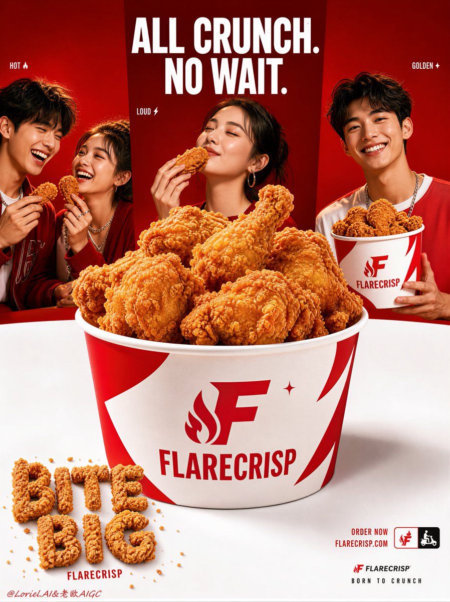 cheap takeaway flyer, overcrowded text, messy composition, blurry fried chicken…