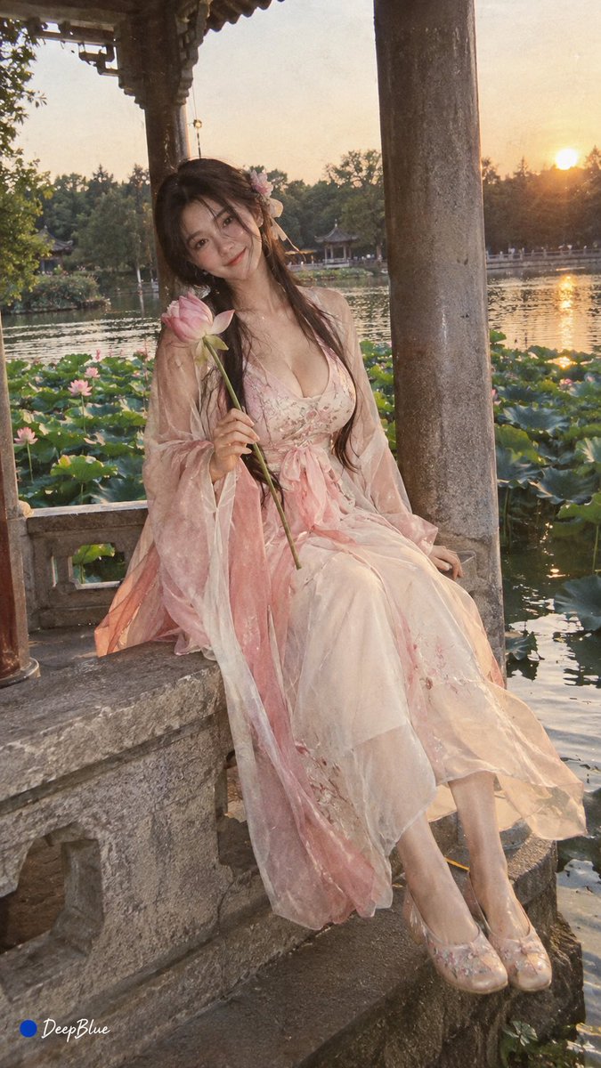 小红书素人穿搭实拍,东亚年轻女生穿粉白渐变汉服大袖衫,夸张身材,坐在湖边八角石亭栏杆上,背景是湖面荷花,夏日傍晚微风吹动裙摆,CCD相机拍摄,…, 图片 1