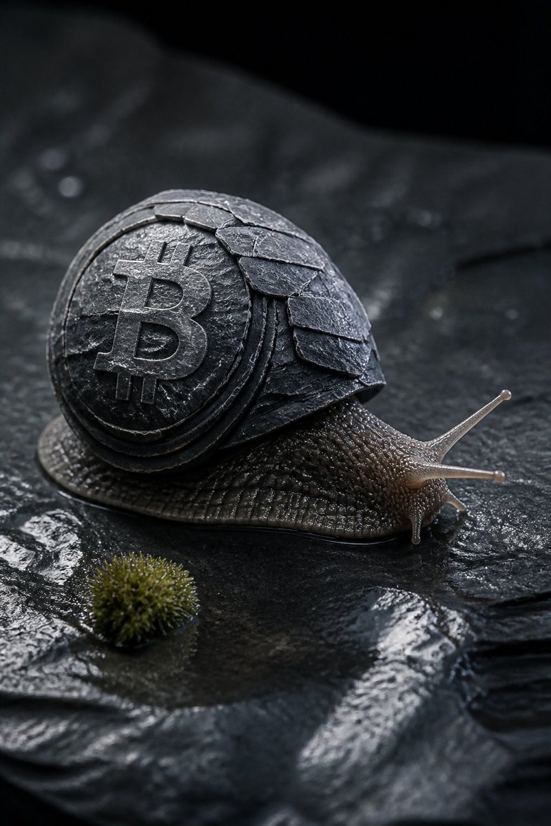一幅照片写实风格的微距画面。一只拳头大小的蜗牛爬过潮湿的石板,它的壳由薄薄的石板层叠而成,壳上天然的灰色纹路恰好勾勒出一个清晰可辨的 BTC …, 图片 1