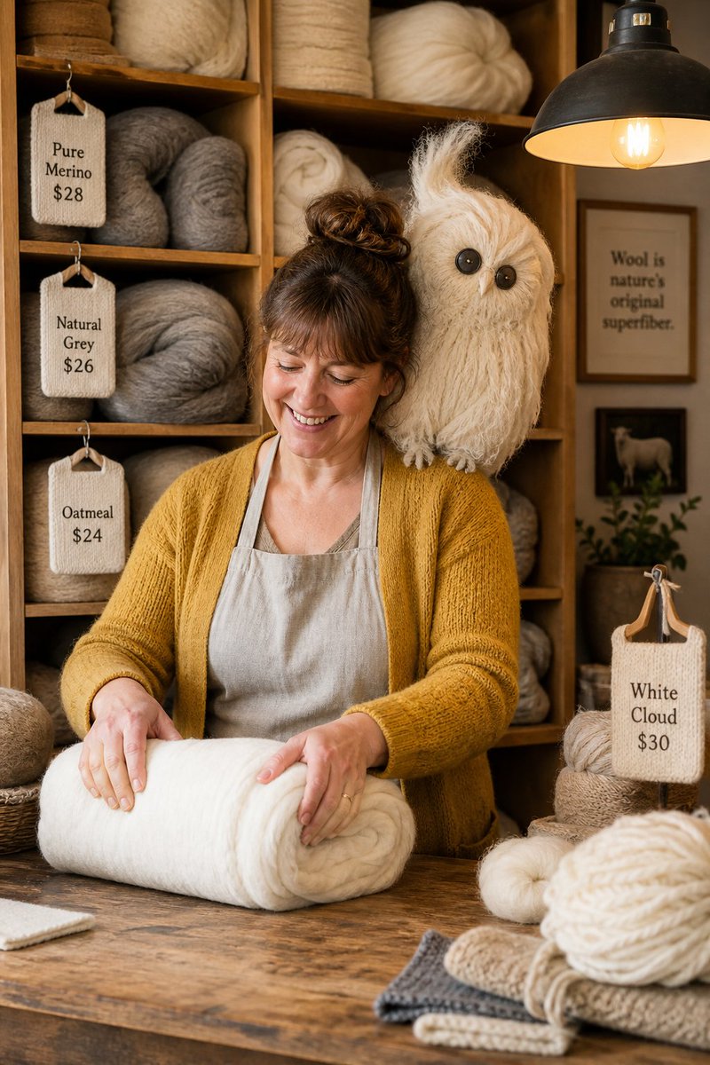 "A photorealistic humorous interior. In a cozy wool shop, a cheerful woman shop…
