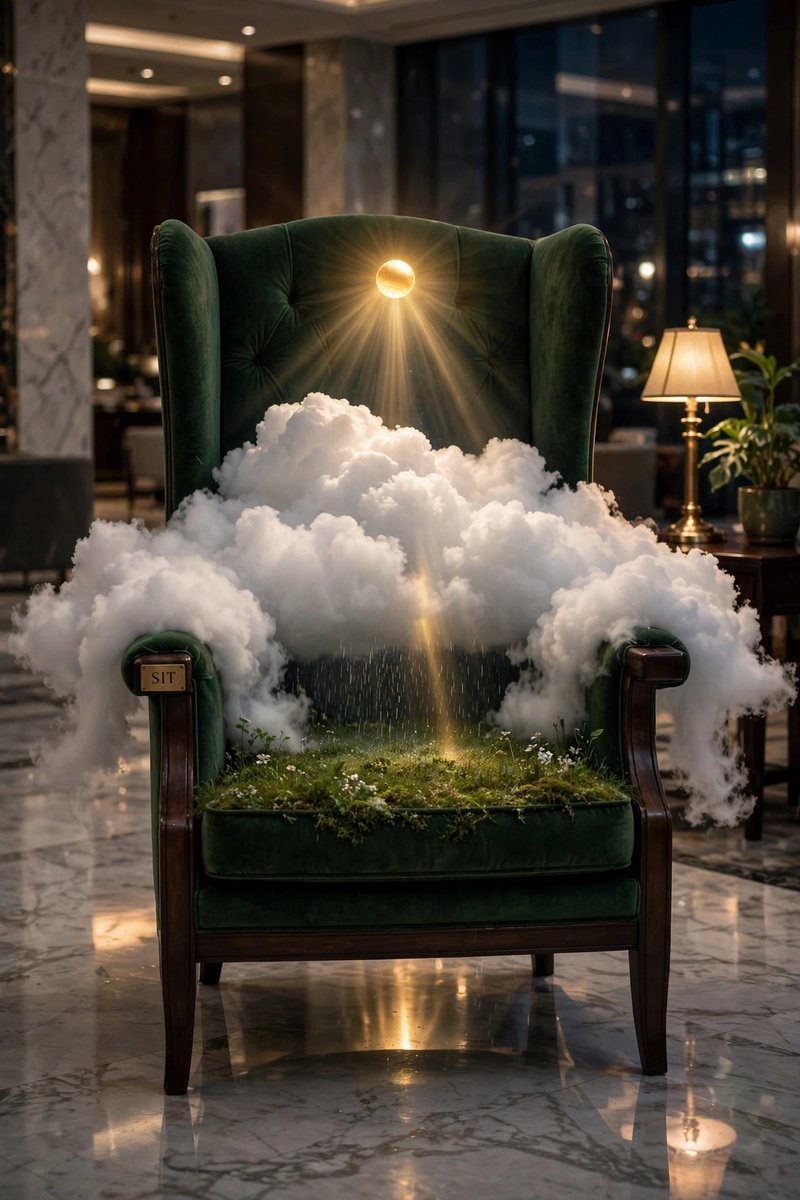 夜晚酒店大堂的照片级真实感画面。一把高背扶手椅上坐着小小的一片天气：一团浓密的白云，大到能从两侧扶手溢出；云的上方有一轮金色小太阳向下照耀，清…, 图片 2