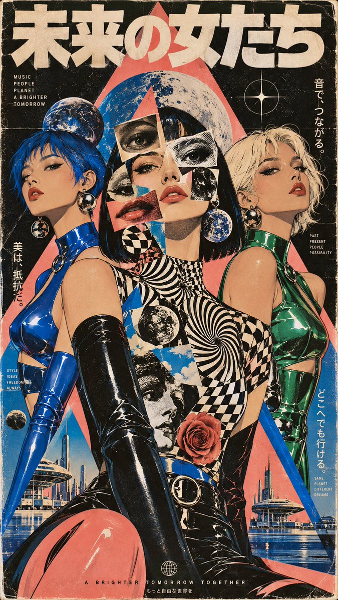 超现实主义 1970 年代迷幻拼贴肖像画,一位女性正面朝向观者,她的面部被分割成重叠的面具、眼睛、嘴唇和几何剪纸形状。她的服饰覆盖着相互冲突的…, 图片 1