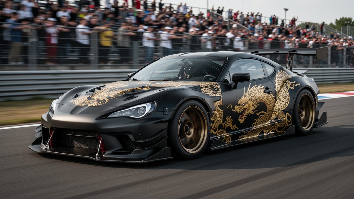 Sleek Japanese-style GT race car, aggressive aerodynamic body kit with large re…